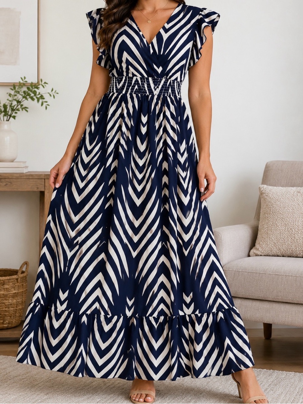 Boho Navy Geo Print Maxi Dress with Gathered Waist and Flutter Sleeves